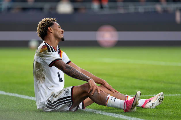 October 6, 2026, GER, Germany U21 vs. Georgia U21 Paris Brunner, Germany U21, No. 19, is sitting on the ground, complaining, and asking for a penalty kick Bielefeld SchücoArena, Bielefeld, Germany Copyright: xnordphotoxGmbHx xChristianxSchulzex