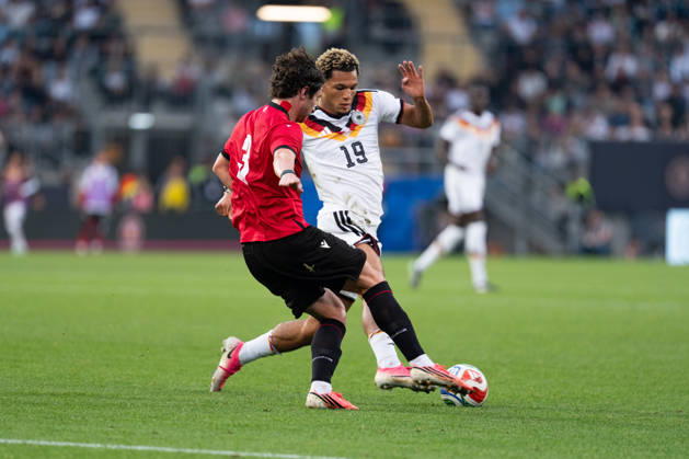 October 6, 2026, GER, Germany U21 vs. Georgia U21: A duel between Paris Brunner (Germany U21, 19) and Dato Bukia (Georgia U21, 3) at the SchücoArena in Bielefeld, Germany Copyright: xnordphotoxGmbHx xChristianxSchulzex