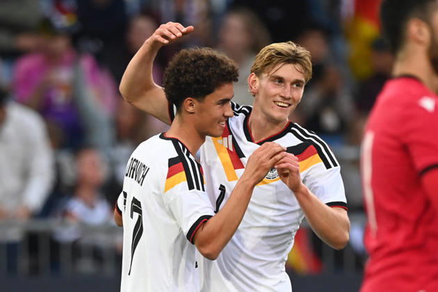 Noah DARVICH (GER) celebrates after scoring the 1-0 goal; celebration, cheering, joy, cheers, with Aljoscha KEMLEIN (GER) – soccer international match, U21, European Championship qualifier, Germany vs. Georgia on October 6, 2026, Schueco Arena, Bielefeld, Â