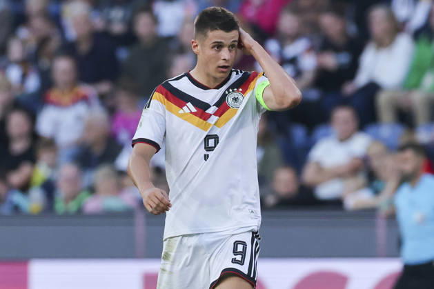 Nicolo Tresoldi of Germany looks dejected during the UEFA Under-21 EURO qualifier between Germany U21 and Georgia U21 at Almstadion on October 6, 2026, in Bielefeld, Germany. Photo by Marco Steinbrenner, DeFodi Images