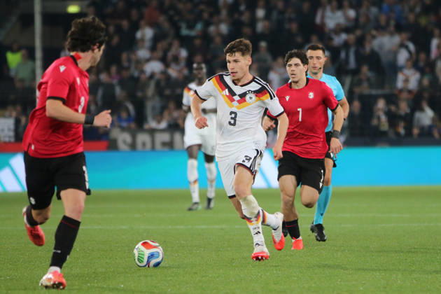October 6, 2026 Men s Soccer 2026–2027 UEFA U-21 European Championship Qualifiers Matchday 12 Germany vs. Georgia SchücoArena, Bielefeld Lukas Ullrich (Germany, No. 3, in white) drives the ball forward Bielefeld, North Rhine-Westphalia, Germany