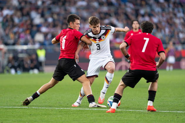 October 6, 2026, GER, Germany U21 vs. Georgia U21: A duel between Lukas Ullrich (Germany U21, No. 3) and Dachi Lordkipanidze (Georgia U21, No. 6) at the SchücoArena in Bielefeld, Germany Copyright: xnordphotoxGmbHx xChristianxSchulzex