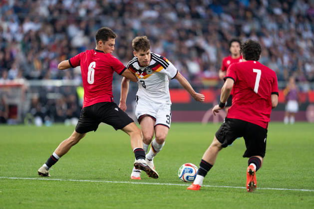 October 6, 2026, GER, Germany U21 vs. Georgia U21: A duel between Lukas Ullrich (Germany U21, No. 3) and Dachi Lordkipanidze (Georgia U21, No. 6) at the SchücoArena in Bielefeld, Germany Copyright: xnordphotoxGmbHx xChristianxSchulzex