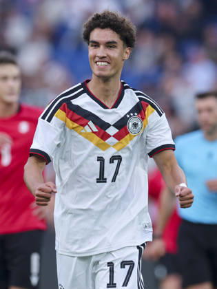 Noah Darvich of Germany celebrates after scoring his team s first goal during the UEFA Under-21 EURO qualifier between Germany U21 and Georgia U21 at Almstadion on October 6, 2026, in Bielefeld, Germany. Photo by Marco Steinbrenner, DeFodi Images