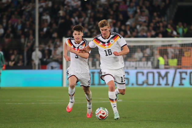 October 6, 2026 Men s Soccer 2026–2027 UEFA U-21 European Championship Qualifiers Matchday 12 Germany vs. Georgia SchücoArena, Bielefeld Aljoscha Kemlein (Germany), 16, in white with the ball; Lukas Ullrich (Germany), 3, in white, follows him Bielefeld, North Rhine-Westphalia, Germany