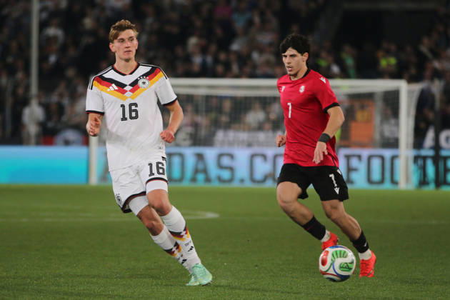 October 6, 2026 Men s Soccer 2026–2027 UEFA U-21 European Championship Qualifiers, Matchday 12: Germany vs. Georgia at SchücoArena, Bielefeld. Aljoscha Kemlein (Germany, age 16, wearing white) plays a pass in Bielefeld, North Rhine-Westphalia, Germany.