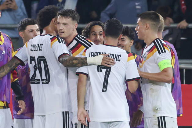 Dzenan Pejcinovic of Germany celebrates his goal with his teammates during the UEFA Under-21 EURO qualifier between Germany U21 and Georgia U21 at Almstadion on October 6, 2026, in Bielefeld, Germany. Photo by Marco Steinbrenner, DeFodi Images