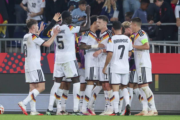 Dzenan Pejcinovic of Germany celebrates his goal with his teammates during the UEFA Under-21 EURO qualifier between Germany U21 and Georgia U21 at Almstadion on October 6, 2026, in Bielefeld, Germany. Photo by Marco Steinbrenner, DeFodi Images