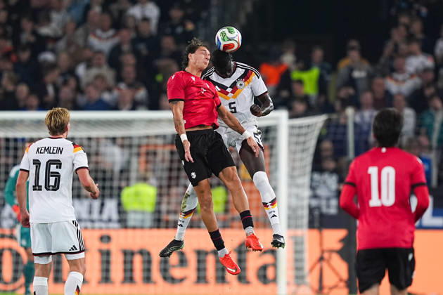 October 6, 2026, xydrx, Men s, Soccer, International Match, U21, European Championship Qualifiers, Germany vs. Georgia, 2026–2027 Season, Schüco Arena Diego Deisadze GEO, No. 9 in a tackle against Joshua Quarshie GER, No. 5 DFB regulations prohibit any use of photographs as image sequences and or quasi-video Copyright: HMBxMedia YannisxDreimann