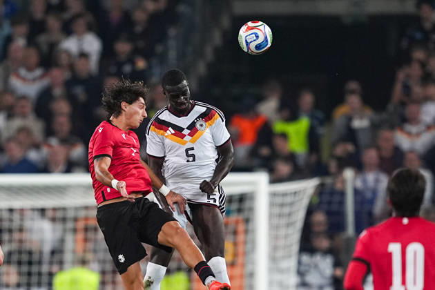 October 6, 2026, xydrx, Men s, Soccer, International Match, U21, European Championship Qualifiers, Germany vs. Georgia, 2026–2027 Season, Schüco Arena Diego Deisadze GEO, No. 9 in a tackle against Joshua Quarshie GER, No. 5 DFB regulations prohibit any use of photographs as image sequences and or quasi-video Copyright: HMBxMedia YannisxDreimann