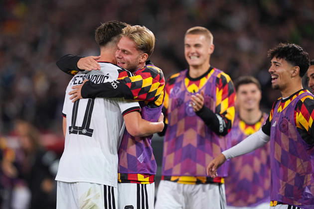 October 6, 2026, xydrx, Men s, Soccer, International Match, U21, European Championship Qualifiers, Germany vs. Georgia, 2026–2027 Season, Schüco Arena: Celebration after Germany’s 2–0 goal scored by Dzenan Pejcinovic (GER, 11) alongside Leandro Morgalla (GER, 6). DFB regulations prohibit any use of photographs as image sequences and or quasi-video. Copyright: HMBxMedia YannisxDreimann