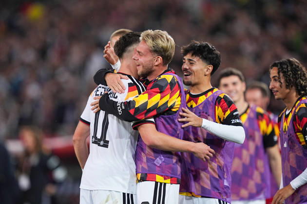 October 6, 2026, xydrx, Men s, Soccer, International Match, U21, European Championship Qualifiers, Germany vs. Georgia, 2026–2027 Season, Schüco Arena: Celebration after Germany’s 2–0 goal scored by Dzenan Pejcinovic (GER, 11) alongside Leandro Morgalla (GER, 6). DFB regulations prohibit any use of photographs as image sequences and or quasi-video. Copyright: HMBxMedia YannisxDreimann