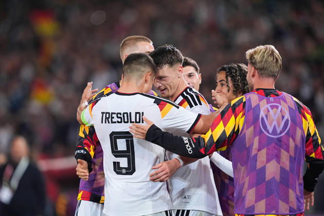 October 6, 2026, xydrx, Men s, Soccer, International Match, U21, European Championship Qualifiers, Germany vs. Georgia, 2026–2027 Season, Schüco Arena: Celebration after Germany’s 2–0 goal scored by Dzenan Pejcinovic (GER), No. 11, together with Nicolo Tresoldi (GER), No. 9. DFB regulations prohibit any use of photographs as image sequences and or quasi-video. Copyright: HMBxMedia YannisxDreimann