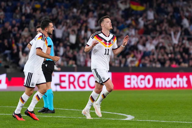 October 6, 2026, xydrx, Men s, Soccer, International Match, U21, European Championship Qualifiers, Germany vs. Georgia, 2026–2027 Season, Schüco Arena: Celebrations after Germany’s 2–0 goal scored by Dzenan Pejcinovic (GER), No. 11, together with Arijon Ibrahimovic (GER), No. 7. DFB regulations prohibit any use of photographs as image sequences and or quasi-video. Copyright: HMBxMedia YannisxDreimann