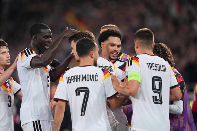 October 6, 2026, xydrx, Men s, Soccer, International Match, U21, European Championship Qualifiers, Germany vs. Georgia, 2026–2027 Season, Schüco Arena: Goal celebration after Germany’s 2–0 goal scored by Dzenan Pejcinovic (GER), 11, along with Nicolo Tresoldi (GER), 9, Arijon Ibrahimovic (GER), 7, and Joshua Quarshie (GER), 5. DFB regulations prohibit any use of photographs as image sequences and or quasi-video. Copyright: HMBxMedia YannisxDreimann