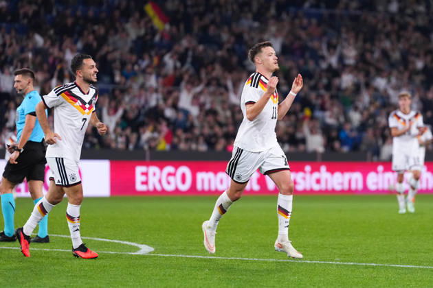 October 6, 2026, xydrx, Men s, Soccer, International Match, U21, European Championship Qualifiers, Germany vs. Georgia, 2026–2027 Season, Schüco Arena: Celebrations after Germany’s 2–0 goal scored by Dzenan Pejcinovic (GER), No. 11, together with Arijon Ibrahimovic (GER), No. 7. DFB regulations prohibit any use of photographs as image sequences and or quasi-video. Copyright: HMBxMedia YannisxDreimann