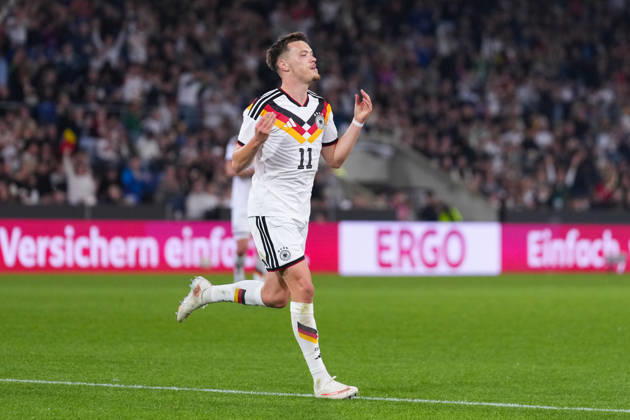 October 6, 2026, xydrx, Men s, Soccer, International Match, U21, European Championship Qualifiers, Germany vs. Georgia, 2026–2027 Season, Schüco Arena: Celebrations after Germany’s 2–0 goal scored by Dzenan Pejcinovic (GER), 11. DFB regulations prohibit any use of photographs as image sequences and or quasi-video Copyright: HMBxMedia YannisxDreimann
