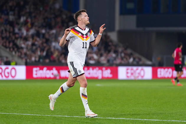 October 6, 2026, xydrx, Men s, Soccer, International Match, U21, European Championship Qualifiers, Germany vs. Georgia, 2026–2027 Season, Schüco Arena: Celebrations after Germany’s 2–0 goal scored by Dzenan Pejcinovic (GER), 11. DFB regulations prohibit any use of photographs as image sequences and or quasi-video Copyright: HMBxMedia YannisxDreimann