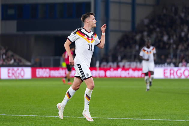 October 6, 2026, xydrx, Men s, Soccer, International Match, U21, European Championship Qualifiers, Germany vs. Georgia, 2026–2027 Season, Schüco Arena: Celebrations after Germany’s 2–0 goal scored by Dzenan Pejcinovic (GER), 11. DFB regulations prohibit any use of photographs as image sequences and or quasi-video Copyright: HMBxMedia YannisxDreimann