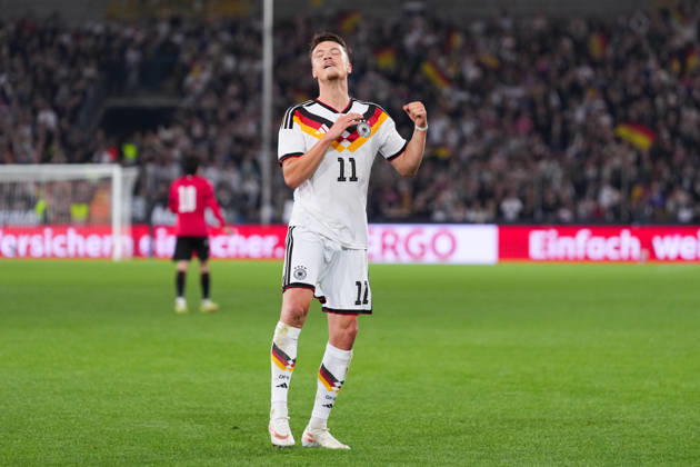 October 6, 2026, xydrx, Men s, Soccer, International Match, U21, European Championship Qualifiers, Germany vs. Georgia, 2026–2027 Season, Schüco Arena: Celebrations after Germany’s 2–0 goal scored by Dzenan Pejcinovic (GER), 11. DFB regulations prohibit any use of photographs as image sequences and or quasi-video Copyright: HMBxMedia YannisxDreimann