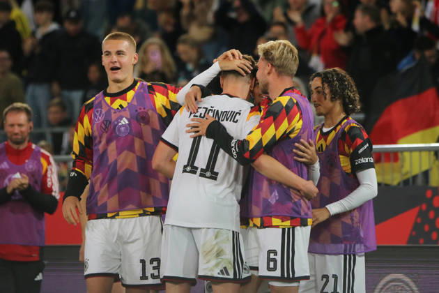 October 6, 2026 Men s Soccer 2026–2027 UEFA U-21 European Championship Qualifiers Matchday 12 Germany vs. Georgia SchücoArena, Bielefeld Celebration after Dzenan Pejcinovic s 2–0 goal for Germany, 11, Bielefeld, North Rhine-Westphalia, Germany