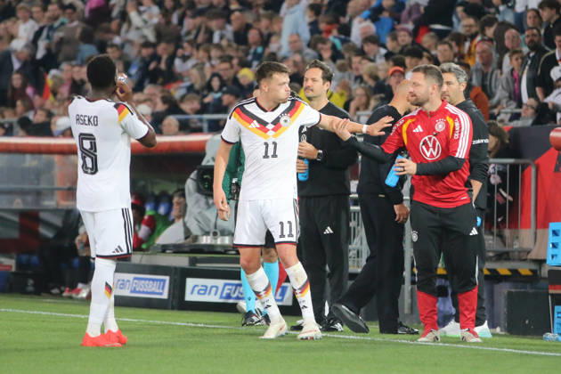 October 6, 2026 Men s Soccer 2026–2027 UEFA U-21 European Championship Qualifiers Matchday 12 Germany vs. Georgia SchücoArena, Bielefeld Dzenan Pejcinovic (Germany, No. 11, white) and Shkodran Mustafi (Germany, assistant coach after the 2–0 win in Bielefeld, North Rhine-Westphalia, Germany