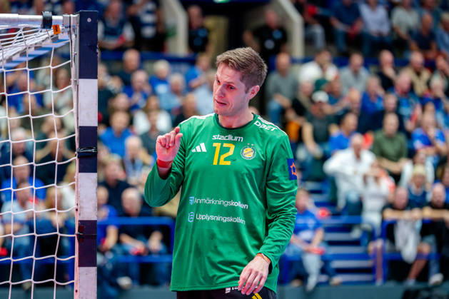 Solingen, October 6, 2026, Handball, Men s, EHF, European League, Group Stage, Matchday 2, 2026–2027, Bergischer HC vs. IK Sävehof, Peter Johannesson (IK Sävehof), No. 12, gesturing toward Julian Fuchs (Bergischer HC), No. 46, who is lying on the floor