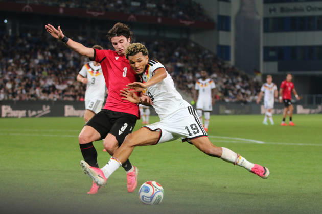 October 6, 2026 Men s Soccer 2026–2027 UEFA U-21 European Championship Qualifiers Matchday 12 Germany vs. Georgia SchücoArena, Bielefeld Paris Brunner, Germany, 19, in a tackle with Dato Bukia, Georgia, 3, red Bielefeld, North Rhine-Westphalia, Germany