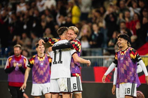 U-21 European Championship Qualifier: Germany vs. Georgia, October 6, 2026 – Goal, celebration of the 2-0 lead by Dženan PejcInovic, Germany, 11, pictured here with Leandro Morgalla, Germany, 6; soccer, U-21 European Championship Qualifiers, Matchday 10: Germany vs. Georgia on October 6, 2026, Bielefeld DFB REGULATIONS PROHIBIT ANY USE OF PHOTOGRAPHS AS IMAGE SEQUENCES AND OR QUASI-VIDEO Copyright: xBEAUTIFULxSPORTS Tonhäuserx