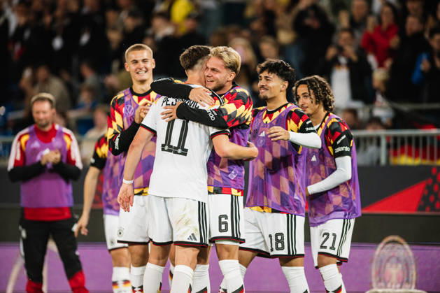 U-21 European Championship Qualifier: Germany vs. Georgia, October 6, 2026 – Goal, celebration of the 2-0 lead by Dženan PejcInovic, Germany, 11, pictured here with Leandro Morgalla, Germany, 6; soccer, U-21 European Championship Qualifiers, Matchday 10: Germany vs. Georgia on October 6, 2026, Bielefeld DFB REGULATIONS PROHIBIT ANY USE OF PHOTOGRAPHS AS IMAGE SEQUENCES AND OR QUASI-VIDEO Copyright: xBEAUTIFULxSPORTS Tonhäuserx