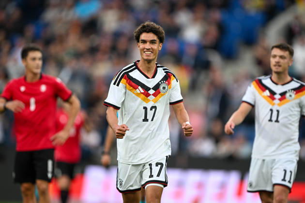 U-21 International Match 26-27: Germany vs. Georgia on October 6, 2026, at the SchücoArena in Bielefeld—Cheers, goal celebrations, goal scorers, goal scorer Noah Darvich—Germany celebrates after his goal to make it 1-0 MT