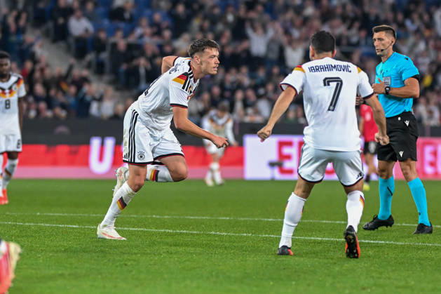 U-21 International Match 26-27: Germany vs. Georgia on October 6, 2026, at the SchücoArena in Bielefeld. Cheers, goal celebrations, goal scorers, goal scorer Dzenan Pejcinovic. Germany celebrates after his goal to make it 2-0. MT