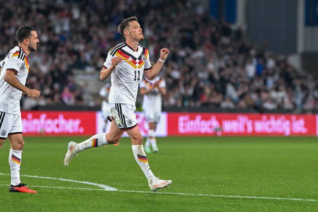 U-21 International Match 26-27: Germany vs. Georgia on October 6, 2026, at the SchücoArena in Bielefeld—Cheers, goal celebrations, goal scorers, goal scorer Dzenan Pejcinovic—Germany celebrates after his goal to make it 2-0 MT