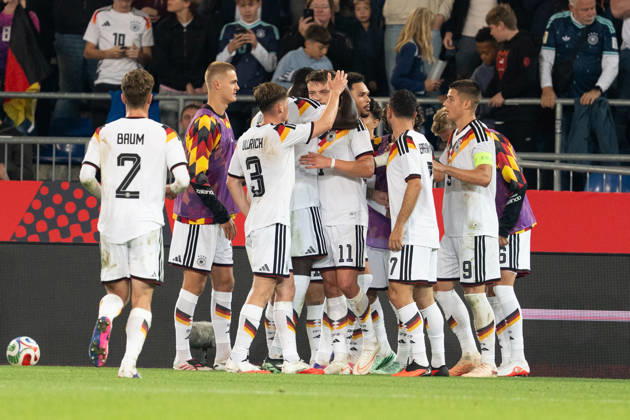 October 6, 2026, GER, Germany U21 vs. Georgia U21 Goal celebration: Cheers for the 2–0 goal by Dzenan Pejcinovic (Germany U21), 11 Arijon Ibrahimovic (Germany U21), 7 Nicolo Tresoldi (Germany U21), 9 Leandro Morgalla, Germany U21; 6 Elias Baum, Germany U21; 2 d3 Joshua Quarshie, Germany U21; 5 Arijon Ibrahimovic, Germany U21; 7 Nicolo Tresoldi, Germany U21; 9 Bielefeld SchücoArena, Bielefeld, Germany Copyright: xnordphotoxGmbHx xChristianxSchulzex