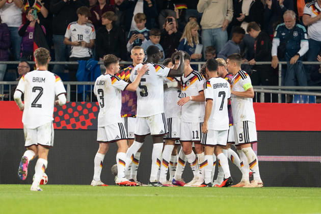 October 6, 2026, GER, Germany U21 vs. Georgia U21 Goal Celebration Cheers for the 2–0 goal by Dzenan Pejcinovic, Germany U21; 11 Arijon Ibrahimovic, Germany U21; 7 Nicolo Tresoldi, Germany U21; 9 Leandro Morgalla, Germany U21, 6 Elias Baum, Germany U21, 2 d3 Joshua Quarshie, Germany U21, 5 Arijon Ibrahimovic, Germany U21, 7 Nicolo Tresoldi, Germany U21, 9 Bielefeld SchücoArena, Bielefeld, Germany Copyright: xnordphotoxGmbHx xChristianxSchulzex