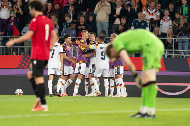 October 6, 2026, GER, Germany U21 vs. Georgia U21 Goal Celebration: Cheers for the 2-0 goal by Dzenan Pejcinovic (Germany U21), 11 Arijon Ibrahimovic, Germany U21; 7 Nicolo Tresoldi, Germany U21; 9 Leandro Morgalla, Germany U21; 6 Bielefeld SchücoArena, Bielefeld, Germany Copyright: xnordphotoxGmbHx xChristianxSchulzex
