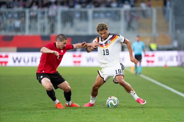 October 6, 2026, GER, Germany U21 vs. Georgia U21: A duel between Paris Brunner (Germany U21, 19) and Aleksandre Amisulashvili (Georgia U21, 5) at the SchücoArena in Bielefeld, Germany Copyright: xnordphotoxGmbHx xChristianxSchulzex