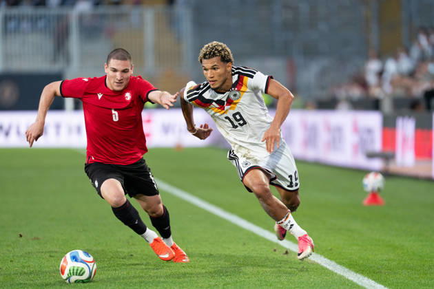 October 6, 2026, GER, Germany U21 vs. Georgia U21: A duel between Paris Brunner (Germany U21, 19) and Aleksandre Amisulashvili (Georgia U21, 5) at the SchücoArena in Bielefeld, Germany Copyright: xnordphotoxGmbHx xChristianxSchulzex