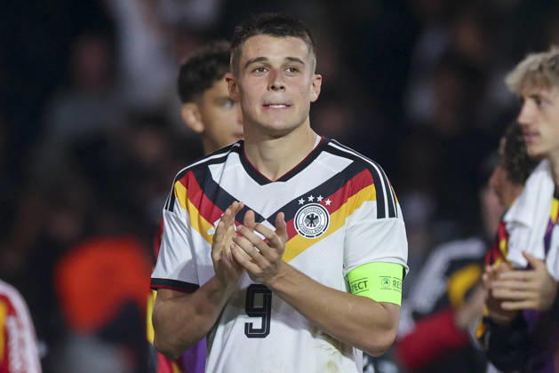 Nicolo Tresoldi, a German fan, cheers during the UEFA Under-21 EURO qualifier between Germany U21 and Georgia U21 at Almstadion on October 6, 2026, in Bielefeld, Germany. Photo by Marco Steinbrenner, DeFodi Images