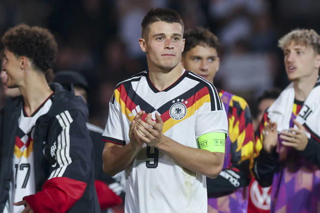 Nicolo Tresoldi, a German fan, cheers during the UEFA Under-21 EURO qualifier between Germany U21 and Georgia U21 at Almstadion on October 6, 2026, in Bielefeld, Germany. Photo by Marco Steinbrenner, DeFodi Images