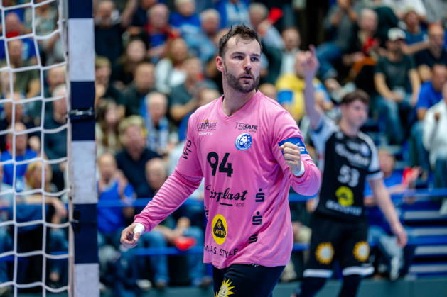 Solingen, October 6, 2026, Handball, Men s, EHF, European League, Group Stage, Matchday 2, 2026–2027, Bergischer HC vs. IK Sävehof, Kristian van der Merwe of Bergischer HC, No. 94, celebrates after a save