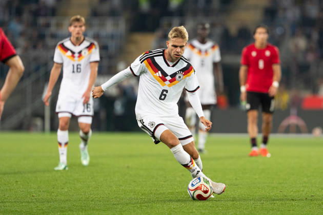 October 6, 2026, GER, Germany U21 vs. Georgia U21 Leandro Morgalla, Germany U21, 6 solo play, full body, ball at his feet, Bielefeld, SchücoArena, Bielefeld, Germany Copyright: xnordphotoxGmbHx xChristianxSchulzex