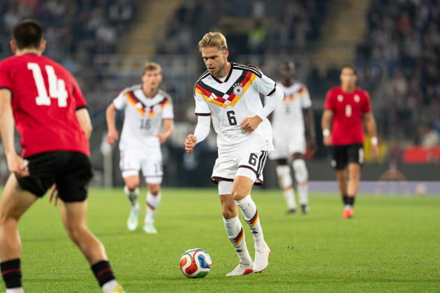 October 6, 2026, GER, Germany U21 vs. Georgia U21 Leandro Morgalla Germany U21, 6 Individual play Full body Full body Ball at his feet Bielefeld SchücoArena Bielefeld Germany Copyright: xnordphotoxGmbHx xChristianxSchulzex