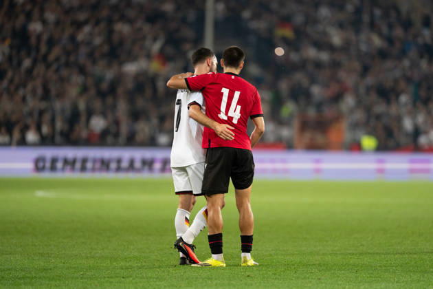 October 6, 2026, GER, Germany U21 vs. Georgia U21: Arijon Ibrahimovic (Germany U21, No. 7) and Aleko Basiladze (Georgia U21, No. 14) embrace at the SchücoArena in Bielefeld, Germany Copyright: xnordphotoxGmbHx xChristianxSchulzex