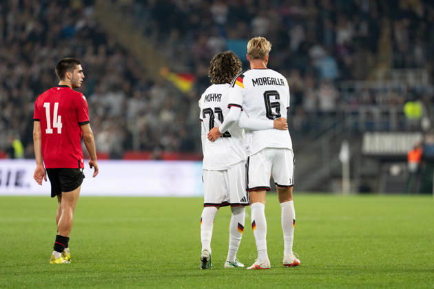 October 6, 2026, GER, Germany U21 vs. Georgia U21: Wael Mohya (Germany U21, 21) and Leandro Morgalla (Germany U21, 6) embrace at the SchücoArena in Bielefeld, Germany Copyright: xnordphotoxGmbHx xChristianxSchulzex