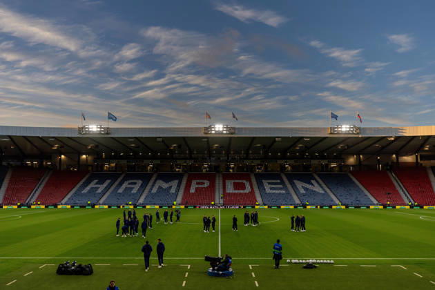 RECORD DATE NOT STATED 6th October 2026; Hampden Park, Glasgow, Scotland; UEFA Nations League Football, Scotland versus Slovenia; Both squads on the pitch at Hampden VagelisxGeorgariou