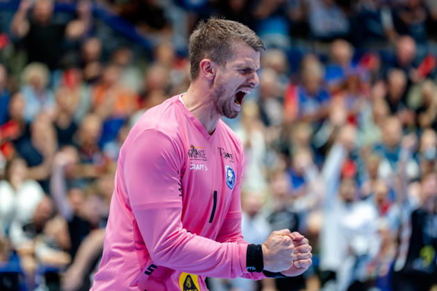 Solingen, October 6, 2026, Handball, Men s, EHF, European League, Group Stage, Matchday 2, 2026–2027, Bergischer HC vs. IK Sävehof, Christopher Rudeck of Bergischer HC celebrates after a save