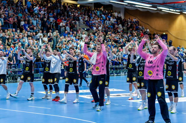 Solingen, October 6, 2026, Handball, Men s, EHF, European League, Group Stage, Matchday 2, 2026–2027, Bergischer HC vs. IK Sävehof. Great celebration among the BHC team after the victory.
