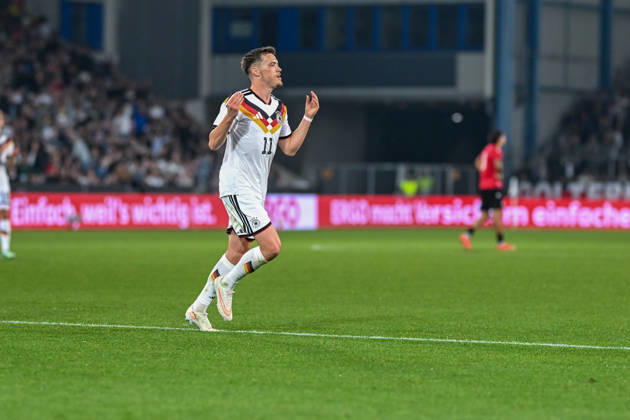 U-21 International Match 26-27: Germany vs. Georgia on October 6, 2026, at the SchücoArena in Bielefeld—Cheers, goal celebrations, goal scorers, goal scorer Dzenan Pejcinovic—Germany celebrates after his goal to make it 2-0 MT
