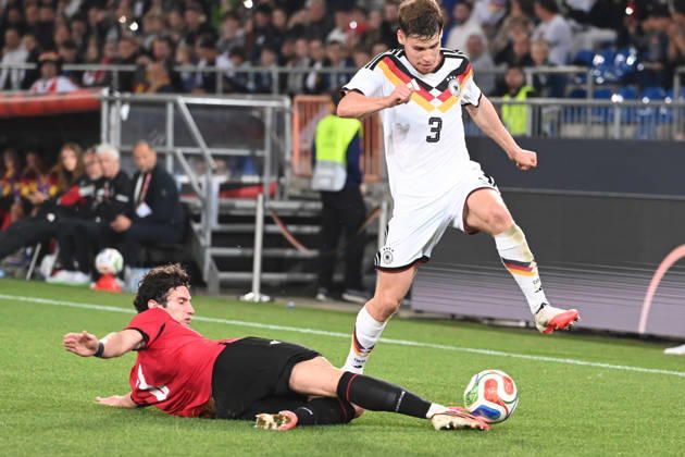 Lukas ULLRICH (GER) vs. Dato BUKIA (GEO) – Action, Tackle, International Soccer Match, U21, European Championship Qualifiers, Germany vs. Georgia 2–0 on October 6, 2026, Schueco Arena, Bielefeld, Â